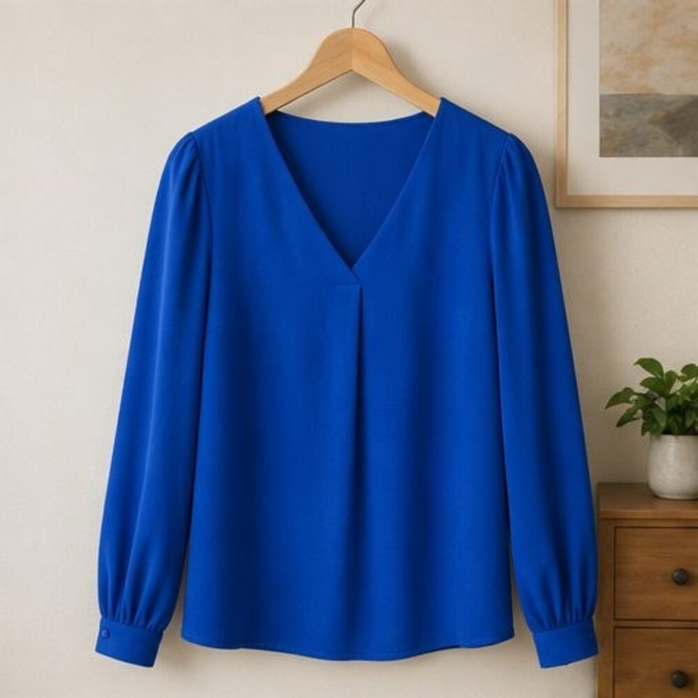 Cobalt Crepe V Neck Blouse